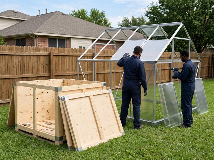 Two installers assemble a polycarbonate greenhouse in a US backyard, next to the opened wooden shipping crate