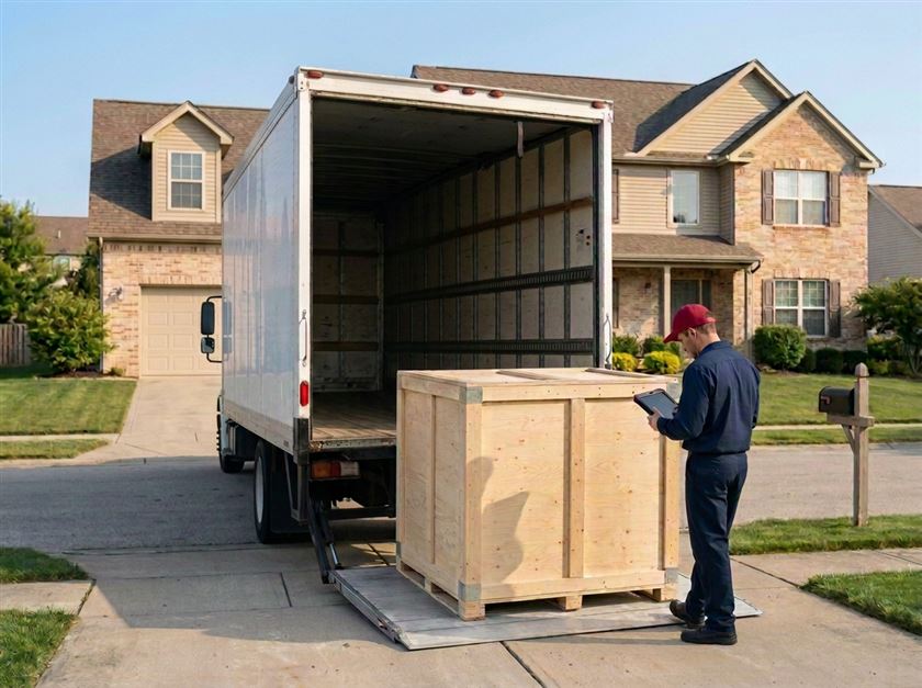 A liftgate truck lowers a wooden crate onto the driveway of a suburban American home