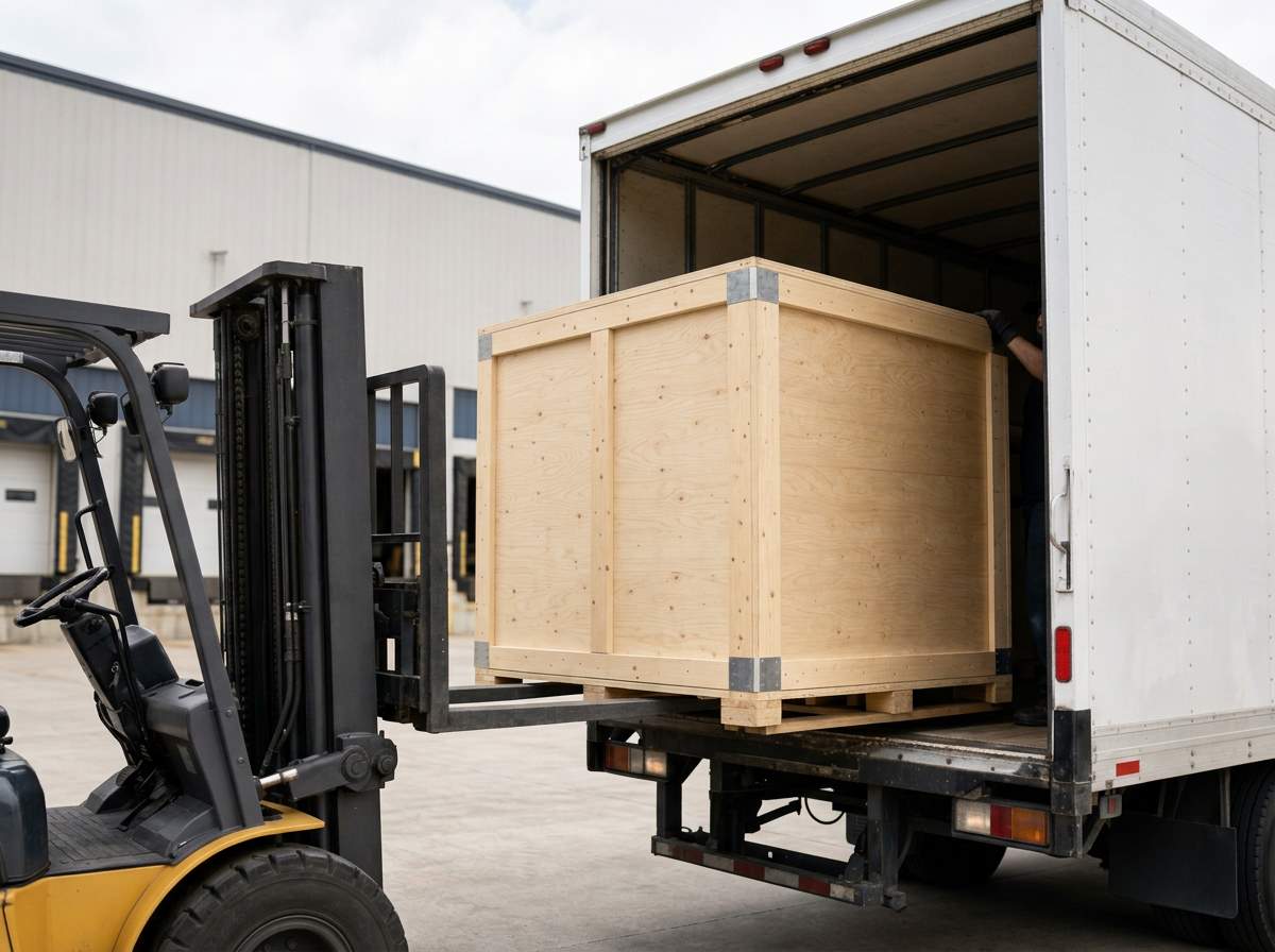 A forklift loads a large wooden export crate into a box truck at a warehouse