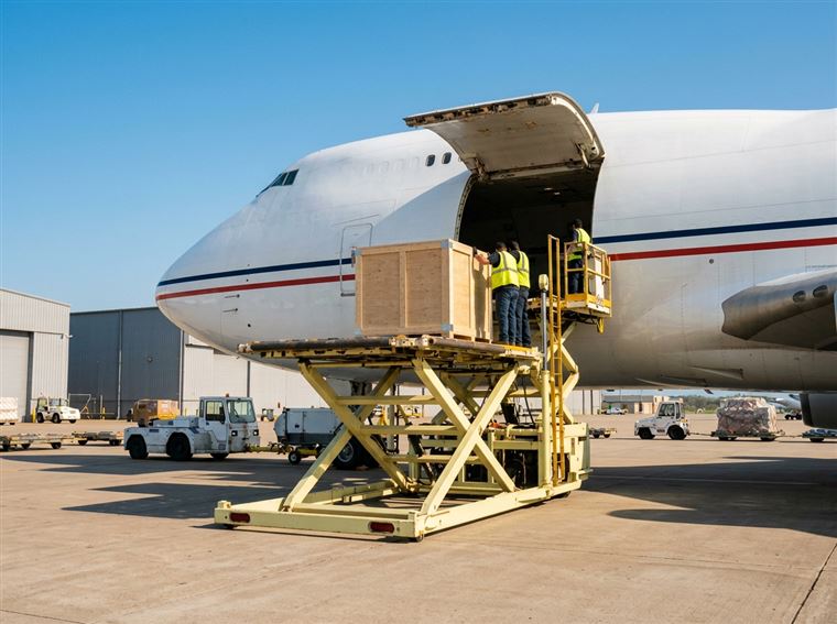A wooden crate on a scissor lift is loaded into a cargo aircraft