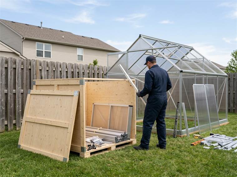 An installer in overalls unpacks greenhouse parts from a wooden crate in a backyard