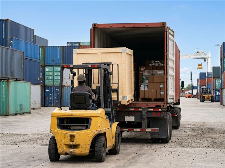 A forklift loads a wooden crate into a shipping container at a port